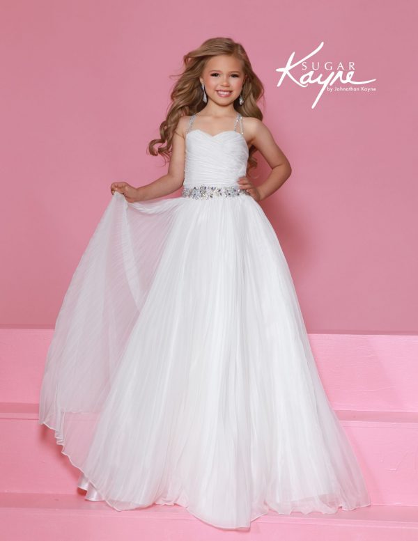 White pleated gown for girls with sweetheart neckline, jeweled belt, and sparkling straps, ideal for pageants and flower girl looks.